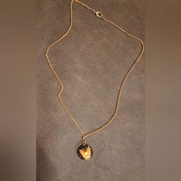 Vtg Butterfly Enamel Cloisonne Pendant Orange Black Gold W Chain Delicate - Picture 6 of 8
